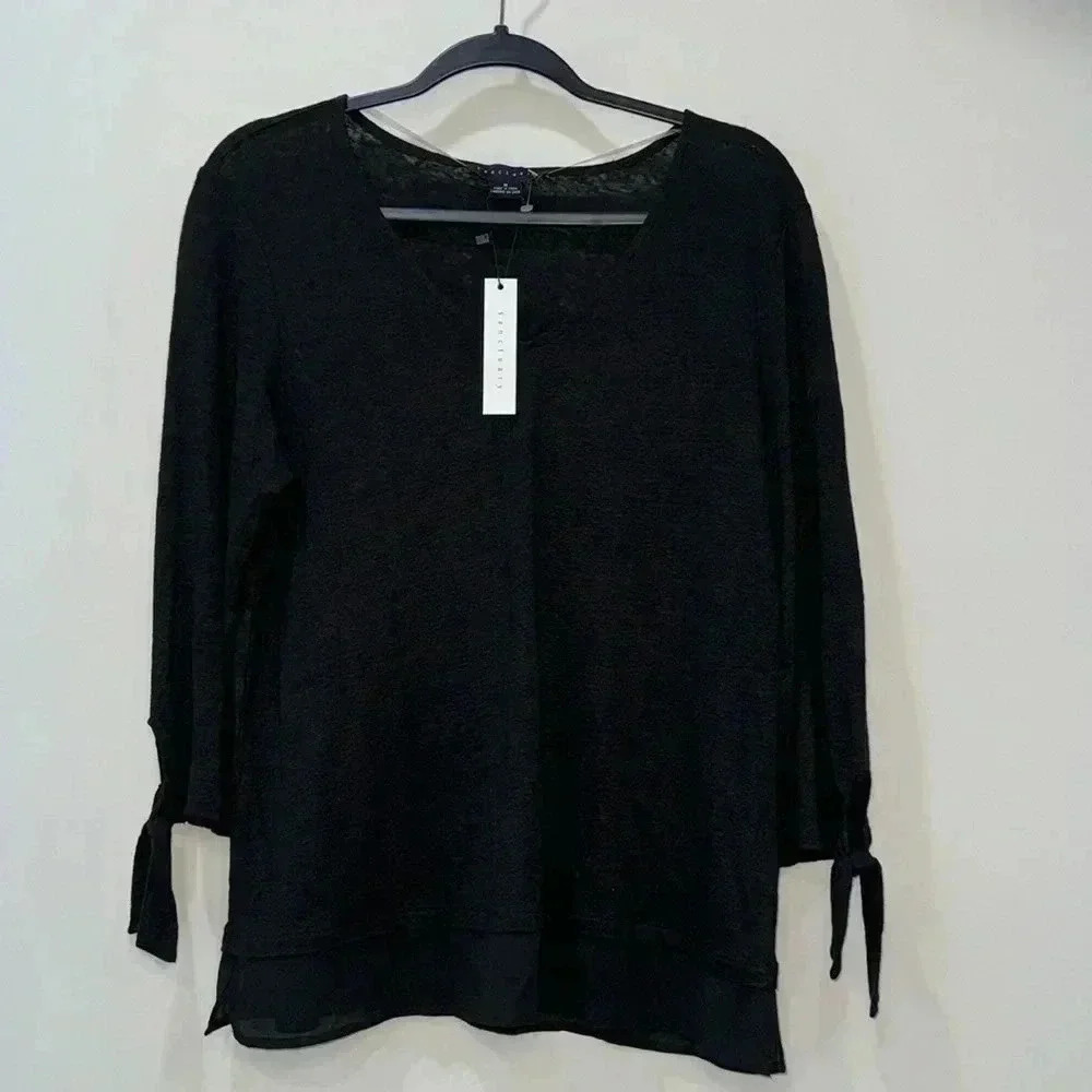 Sanctuary Tie Sleeve V Neck Sheer Hem Black Linen Top - Size M
